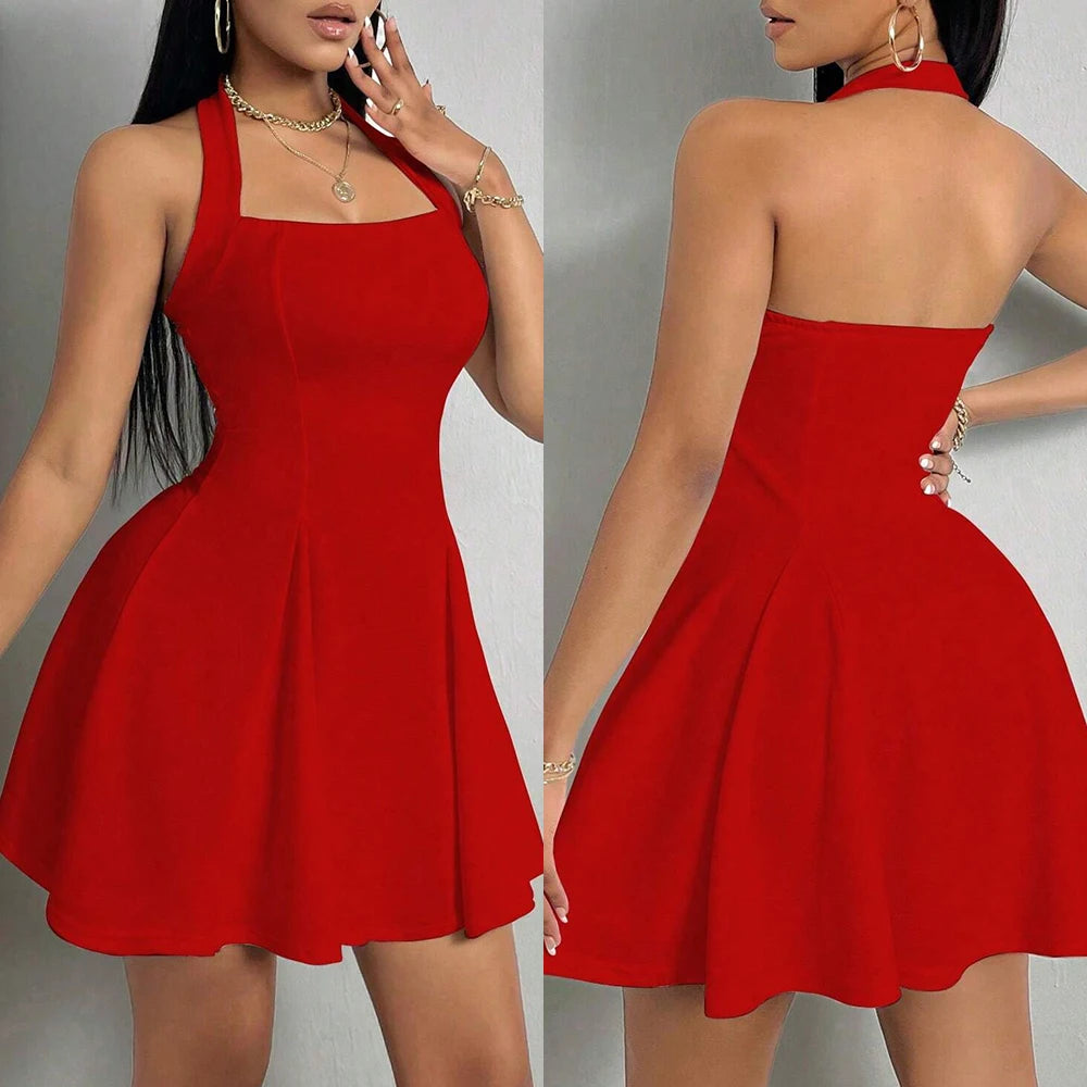 Mia Muse All-Season Women's Halter Dress – Square Neck, Pleated A-Line Mini, Elegant New Year & Valentine's Gift