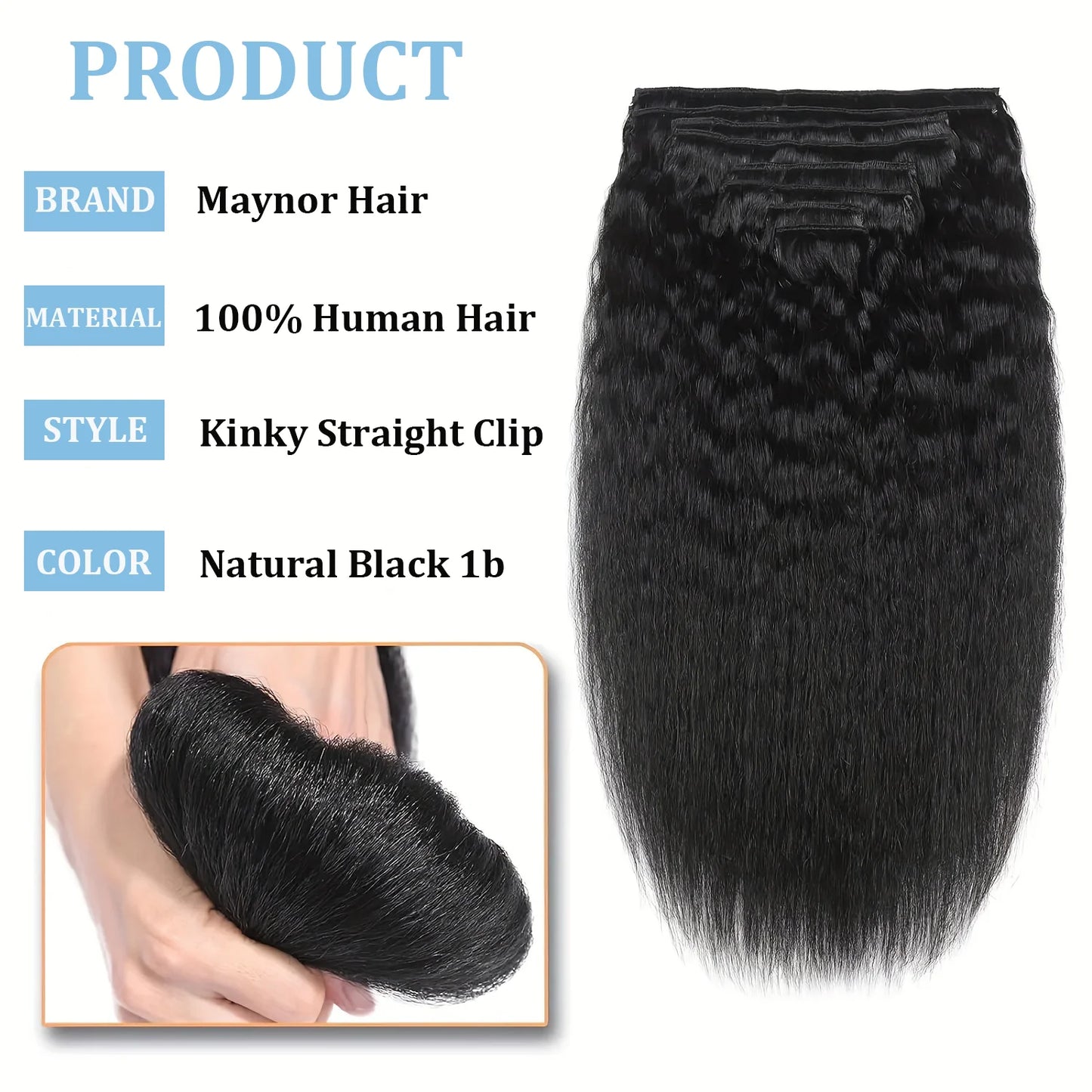 Kinky Straight Clip-In Hair Extensions – 100% Real Human Hair, Natural Black, 8 Pcs/120g, Full Head Brazilian Remy