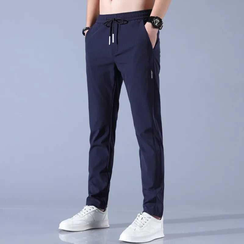2024 New Ice Silk Men's Pants - Summer Black Gray Thin Business Casual, Elastic Breathable Outdoor Straight Leg Sweatpants