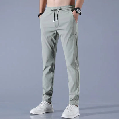 2024 New Ice Silk Men's Pants - Summer Black Gray Thin Business Casual, Elastic Breathable Outdoor Straight Leg Sweatpants