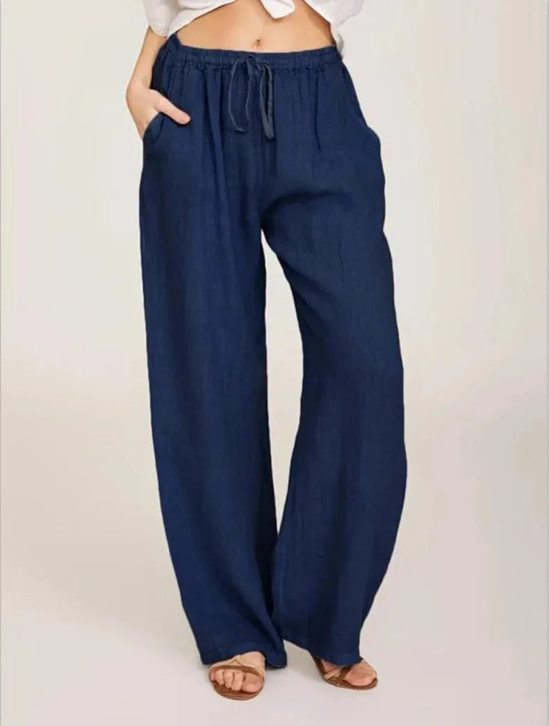 Women’s Cotton Linen Wide Leg Pants – Casual Loose Fit Elastic Waist Pocket Straight Trousers Oversized Streetwear