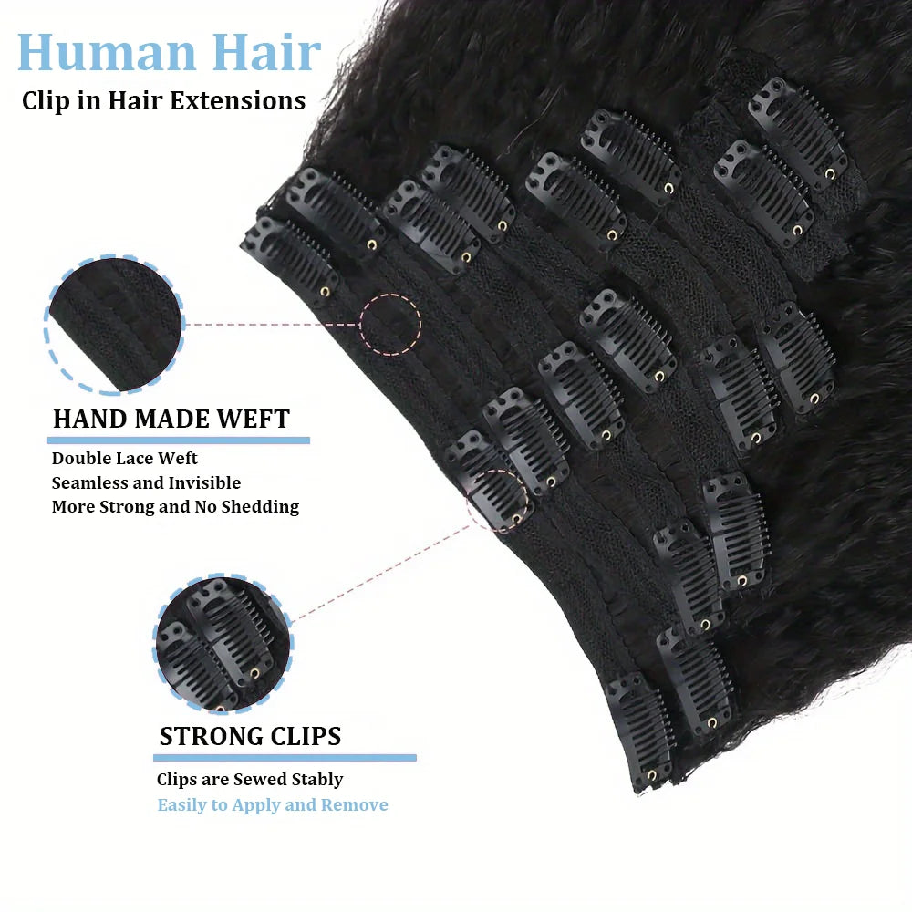 Kinky Straight Clip-In Hair Extensions – 100% Real Human Hair, Natural Black, 8 Pcs/120g, Full Head Brazilian Remy
