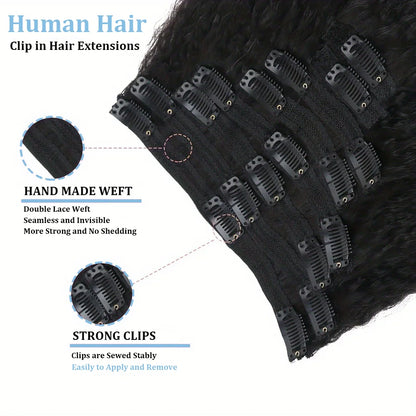 Kinky Straight Clip-In Hair Extensions – 100% Real Human Hair, Natural Black, 8 Pcs/120g, Full Head Brazilian Remy
