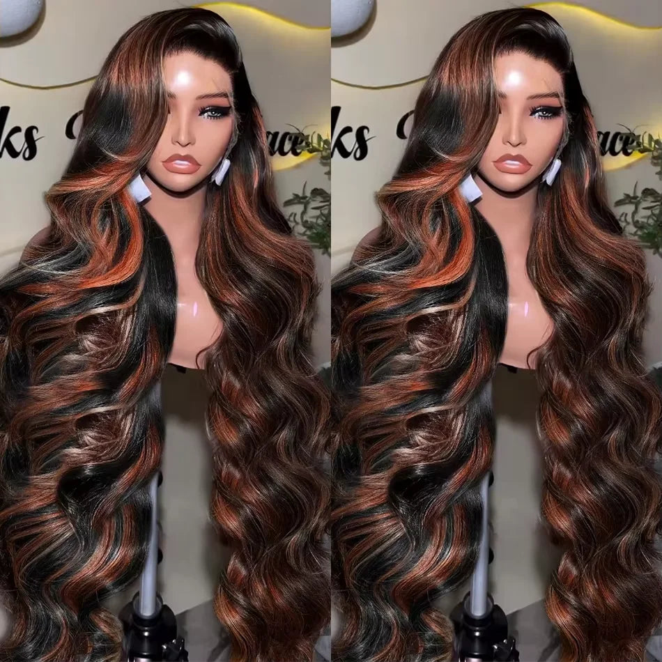 Ombre Highlight Body Wave Wig – 13x4 Lace Front, 1B/30 Black Brown HD Brazilian Human Hair Wig for Women