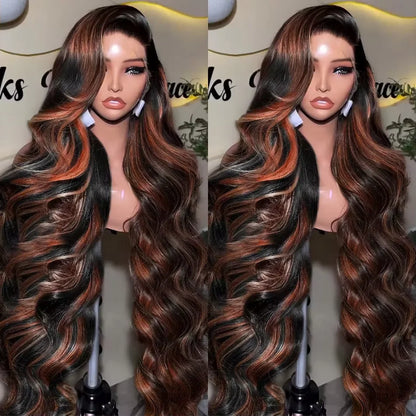 Ombre Highlight Body Wave Wig – 13x4 Lace Front, 1B/30 Black Brown HD Brazilian Human Hair Wig for Women