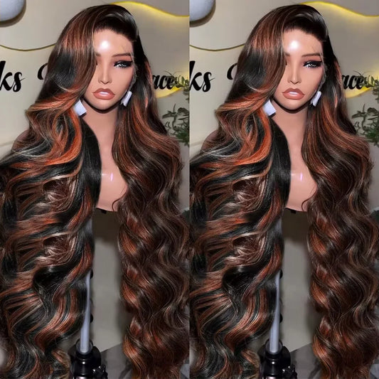 Ombre Highlight Body Wave Wig – 13x4 Lace Front, 1B/30 Black Brown HD Brazilian Human Hair Wig for Women