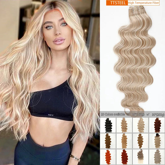 Highlight Gold Bio Body Wave Hair Weave Bundles – 26"/30" Synthetic High Temperature Soft, Natural Human-Like Fiber Hair Extensions