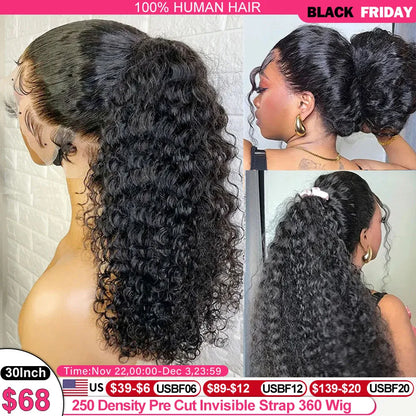 250 Density Deep Curly Wave 360 HD Lace Front Human Hair Wig – Water Wave 13x6 Lace Frontal Glueless Wig, 100% Human Hair
