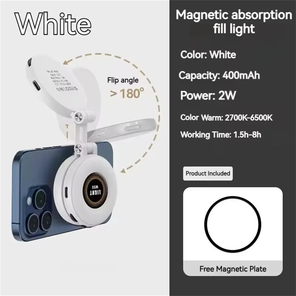 2-in-1 Portable Foldable Magnetic Ring Fill Light Phone Holder - Rechargeable Travel, Selfie & Desktop Stand