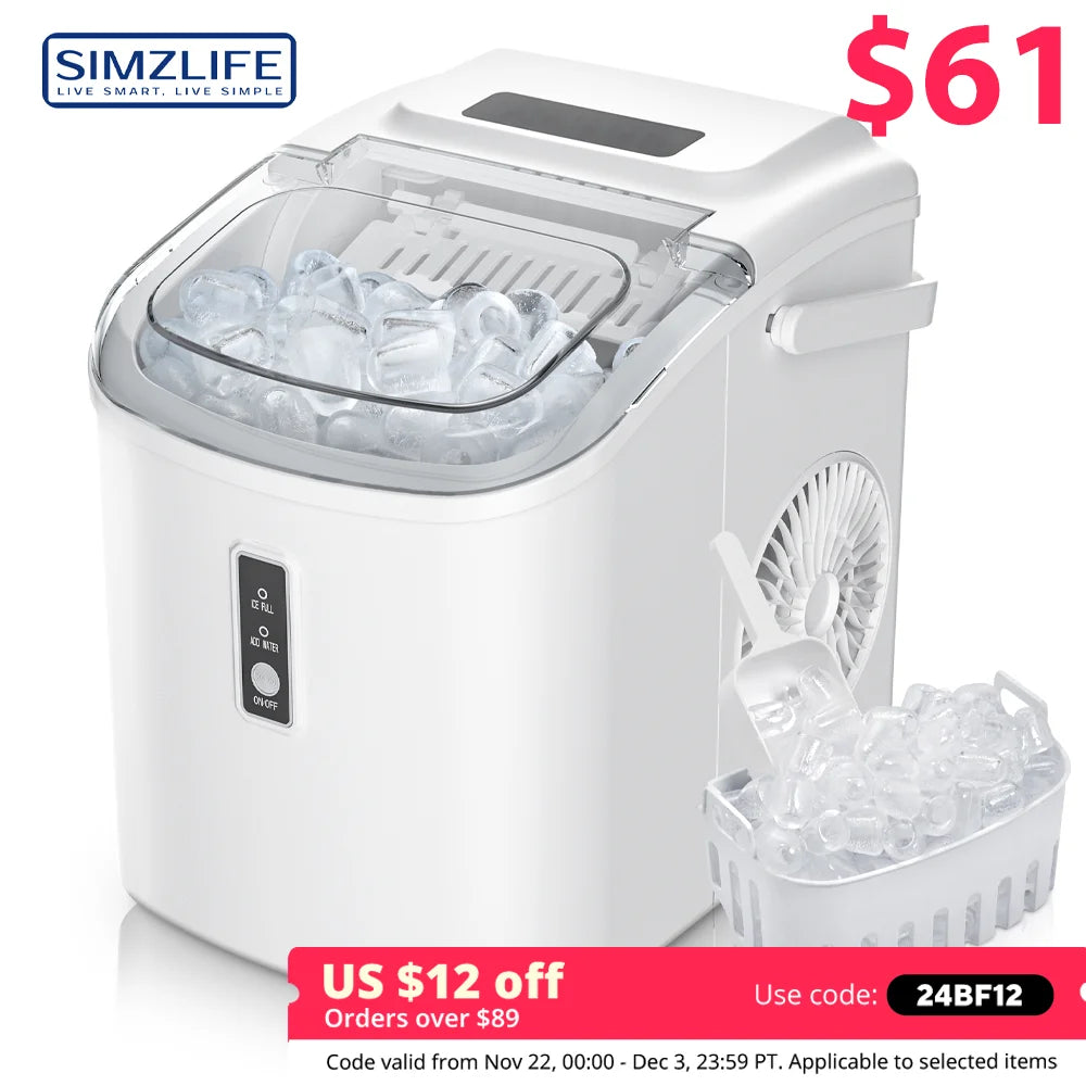 SIMZLIFE Portable Ice Maker Machine – 26.5lbs/Day, 9 Cubes in 6 Mins with Auto-Cleaning & Scoop