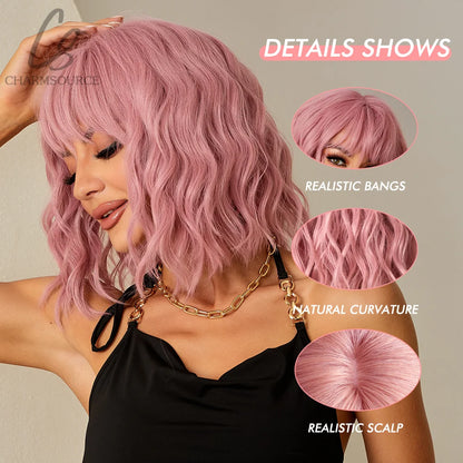 CharmSource Pink BOBO Short Synthetic Wig – Natural Wavy Heat Resistant Hair Wig for Women, Party & Daily Wear