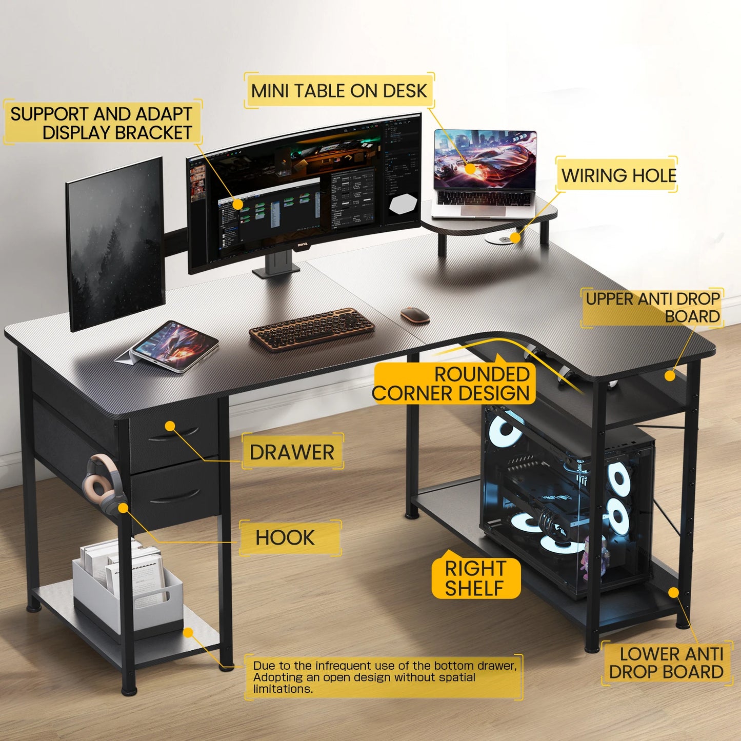 L-Shape Carbon Fiber Gaming Desk with Drawers & Monitor Arm – Home Office Computer Desk