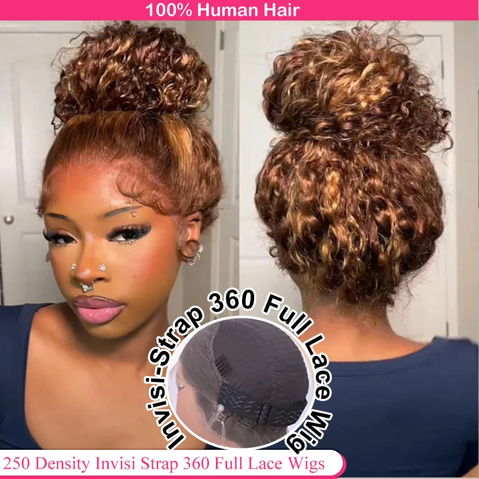 Invisi-Strap 360 Full Lace Human Hair Wig – Pre-Plucked Deep Curly, 250% Density, HD Lace Frontal Colored Wig