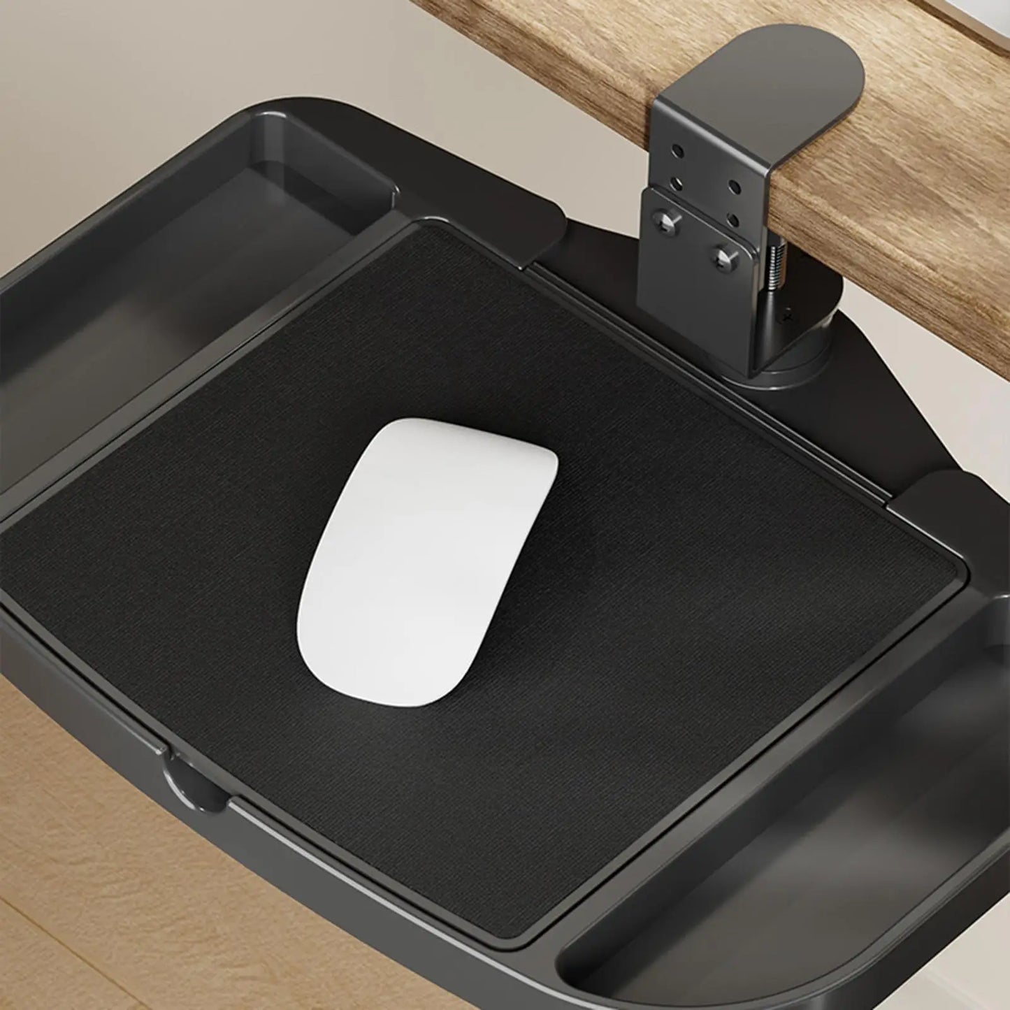 Clamp-On Desk Organizer – 360° Rotating Under-Desk Mouse Tray, Easy Install Storage Shelf for Home, Office & Dorm Use