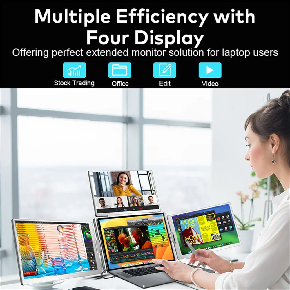 Triple Screen Portable LCD Monitor — FHD Backlit Secondary Display for Laptop with 1-Cable Connection