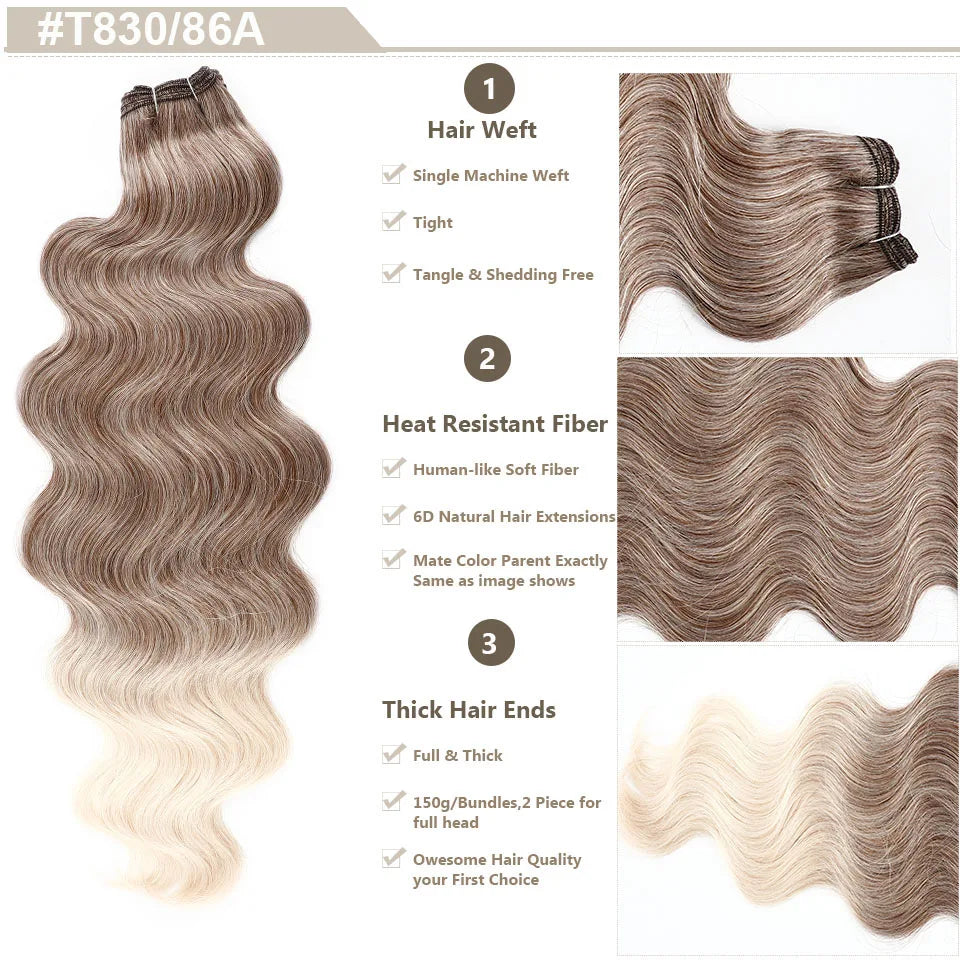 Highlight Gold Bio Body Wave Hair Weave Bundles – 26"/30" Synthetic High Temperature Soft, Natural Human-Like Fiber Hair Extensions