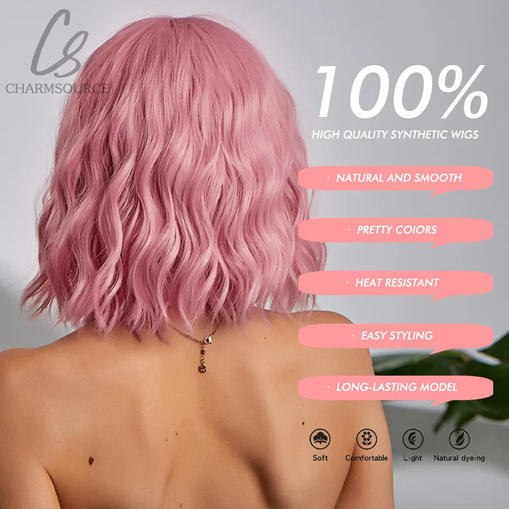 CharmSource Pink BOBO Short Synthetic Wig for Women — Natural Wave, High-Density, Heat-Resistant Hair for Daily & Party