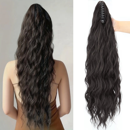 Synthetic Water Wave Claw Clip Ponytail Hair Extension – Black & Blonde, Heat-Resistant Fluffy Messy Style for Women