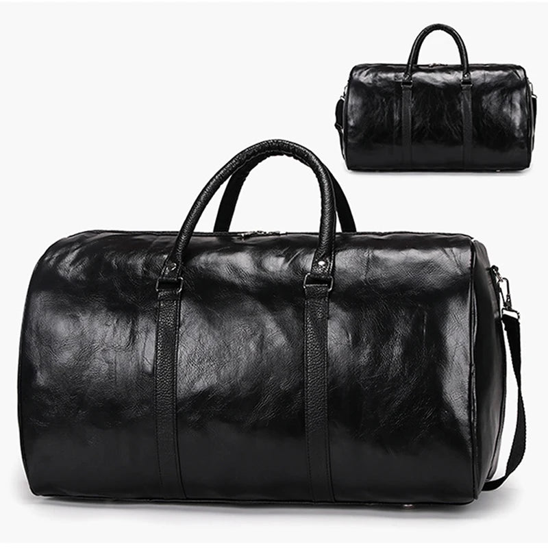 Leather Travel Duffle Bag – Large Fitness & Luggage Shoulder Bag for Men, Black PU Fashion Zipper Handbag