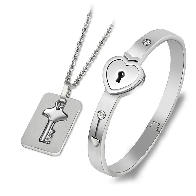 Couple Jewelry Set – Stainless Steel Love Heart Lock Bracelets & Key Pendant Necklace for Men & Women Gift