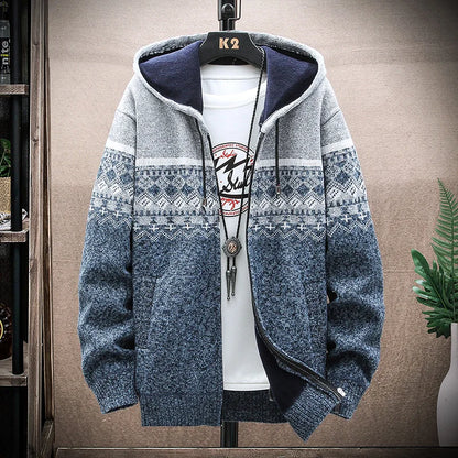 Men's Winter Plaid Hooded Cardigan – Warm Wool Fleece Zipper Jacket Knit Sweater Coat