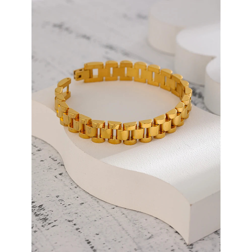 Yhpup Stainless Steel Chain Bracelet – 18K Gold Plated Heavy Metal Texture Waterproof Fashion Jewelry for Men & Women