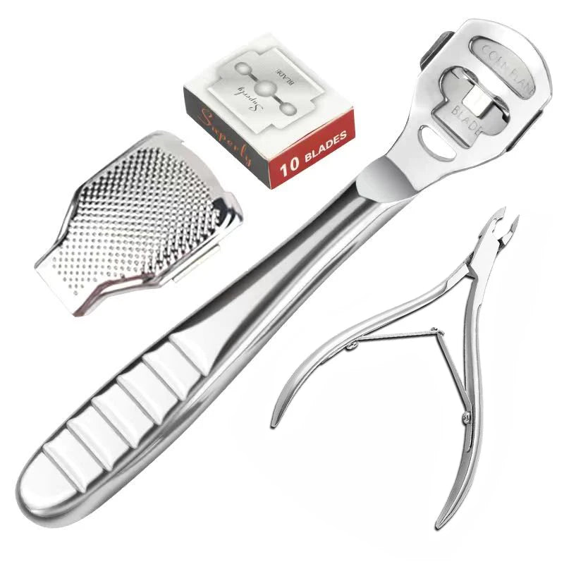 Foot Callus Shaver with Stainless Steel Handle - Hard Skin Remover for Heels, Pedicure Razor Tool with 10 Blades