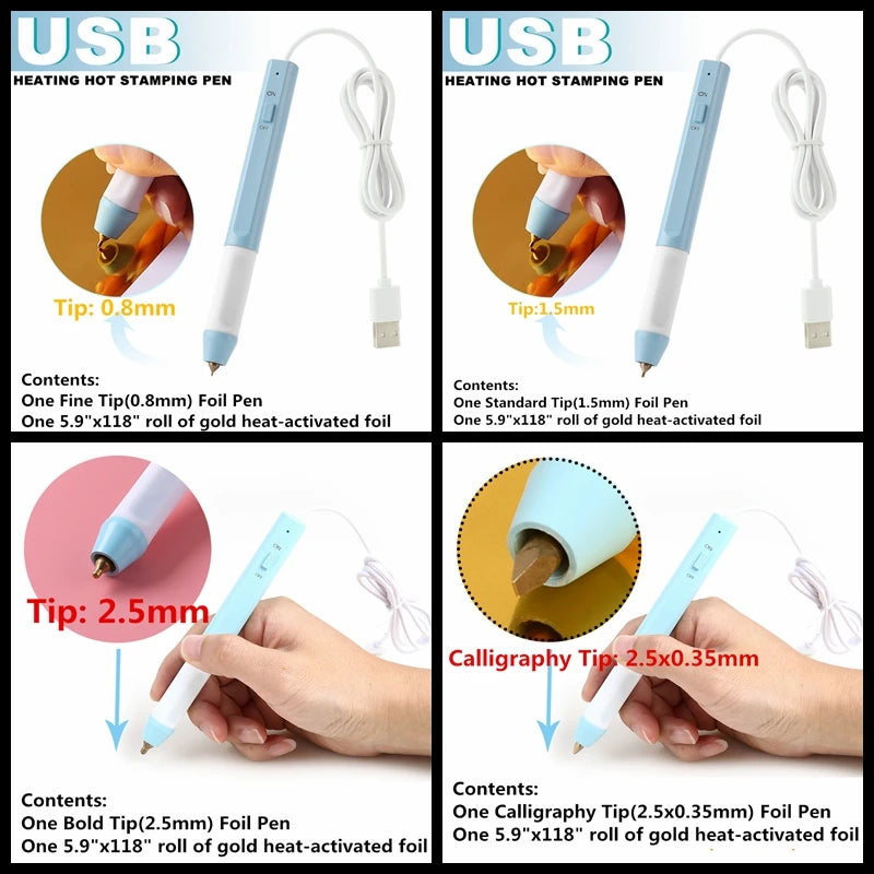 All-in-One USB Heat Foil Pen Kit – Calligraphy & DIY Lettering with 3 Nibs for Custom Foiling