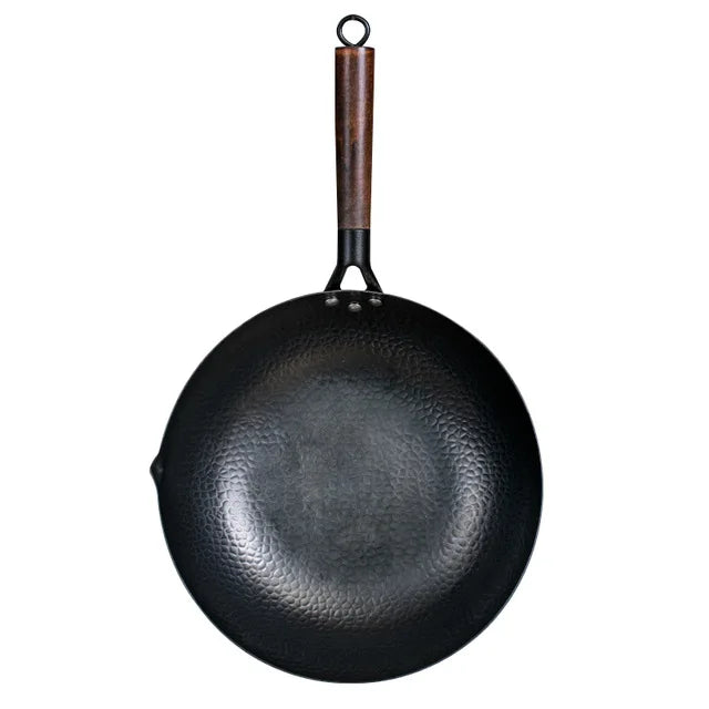 Konco 32cm Pure Cast Iron Wok – Non-Coated Chinese Wok Pan for Gas & Induction Cookers