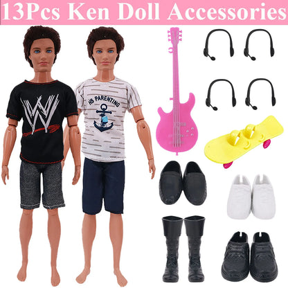 30-Piece Ken Doll Accessories Set — Clothes, Glasses, Shoes, Hangers, Guitar, Skateboard & Headsets for Barbie Dolls, DIY Toy for Girls
