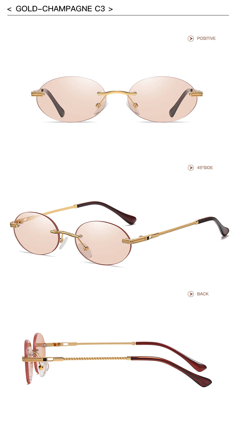 Retro Oval Rimless Sunglasses – Blue Mirror Gold Metal UV400 for Men & Women