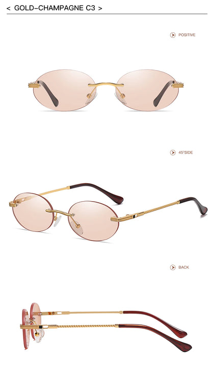 Retro Oval Rimless Sunglasses – Blue Mirror Gold Metal UV400 for Men & Women