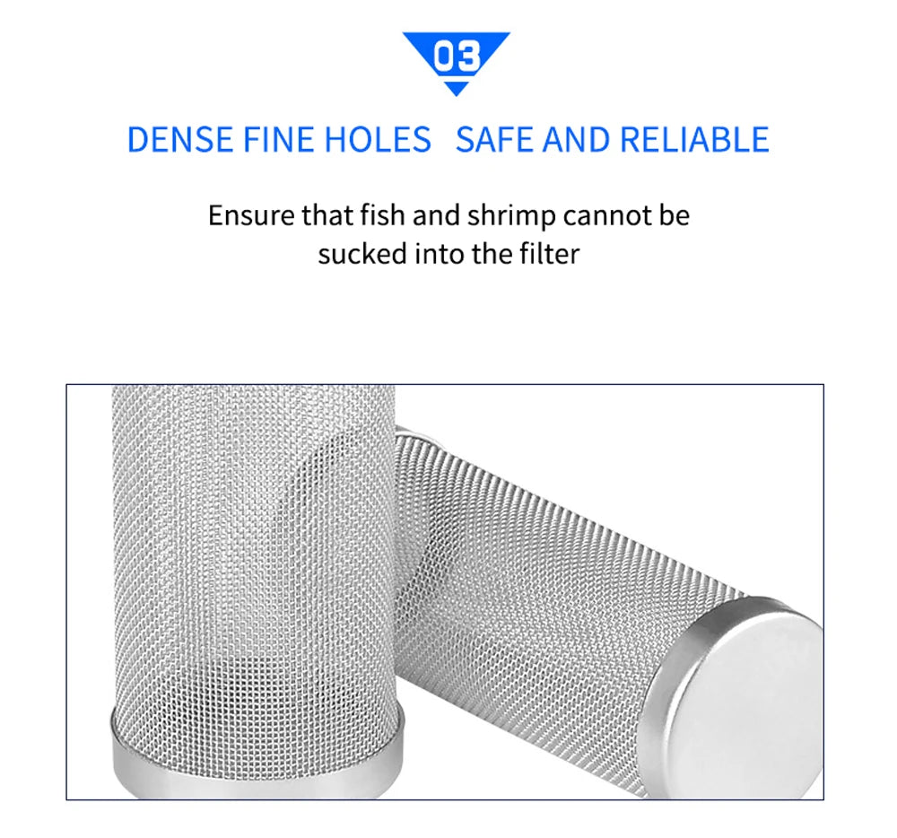 12/16mm Aquarium Inflow Inlet Filter – Stainless Steel Mesh Net Guard, Fish Tank Intake Strainer & Prefilter Cover
