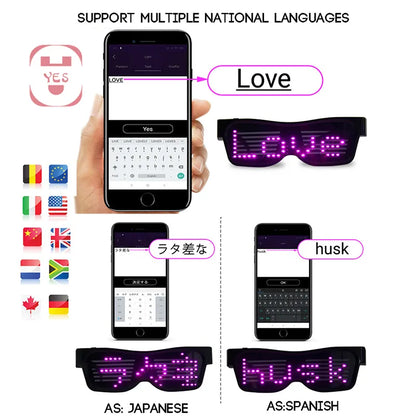 App-Controlled Bluetooth LED Party Glasses - Customizable Languages, USB Charge, Flashing Luminous Eyewear for Christmas, Concerts, and Sunglasses