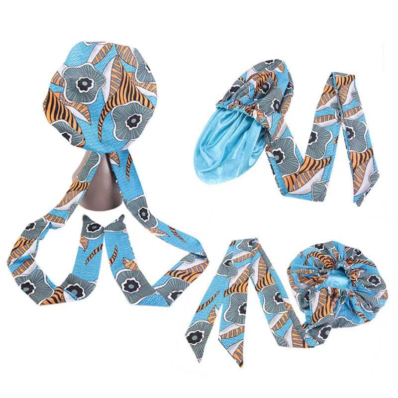 African Print Satin Bonnet with Long Ribbon - Double-Layer Ankara Hair Wrap Cap for Women, Large Size Head Cover