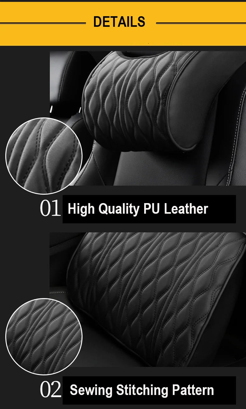 Car Neck & Lumbar Pillow – PU Leather Memory Foam Seat Headrest & Backrest Cushion