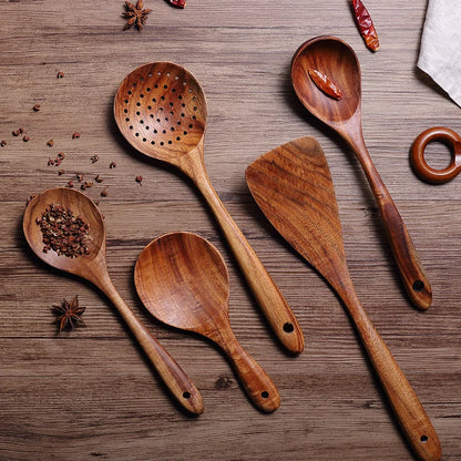 1-9pcs Teak Wood Tableware Set – Natural Wooden Cooking Spoons, Colander Spoon & Soup Skimmer Kitchen Tool Kit