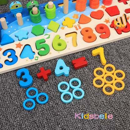 Montessori Math Learning Toy - Wooden Puzzle Fishing Game with Number Counting, Shape Matching & Sorting Activities for Toddlers