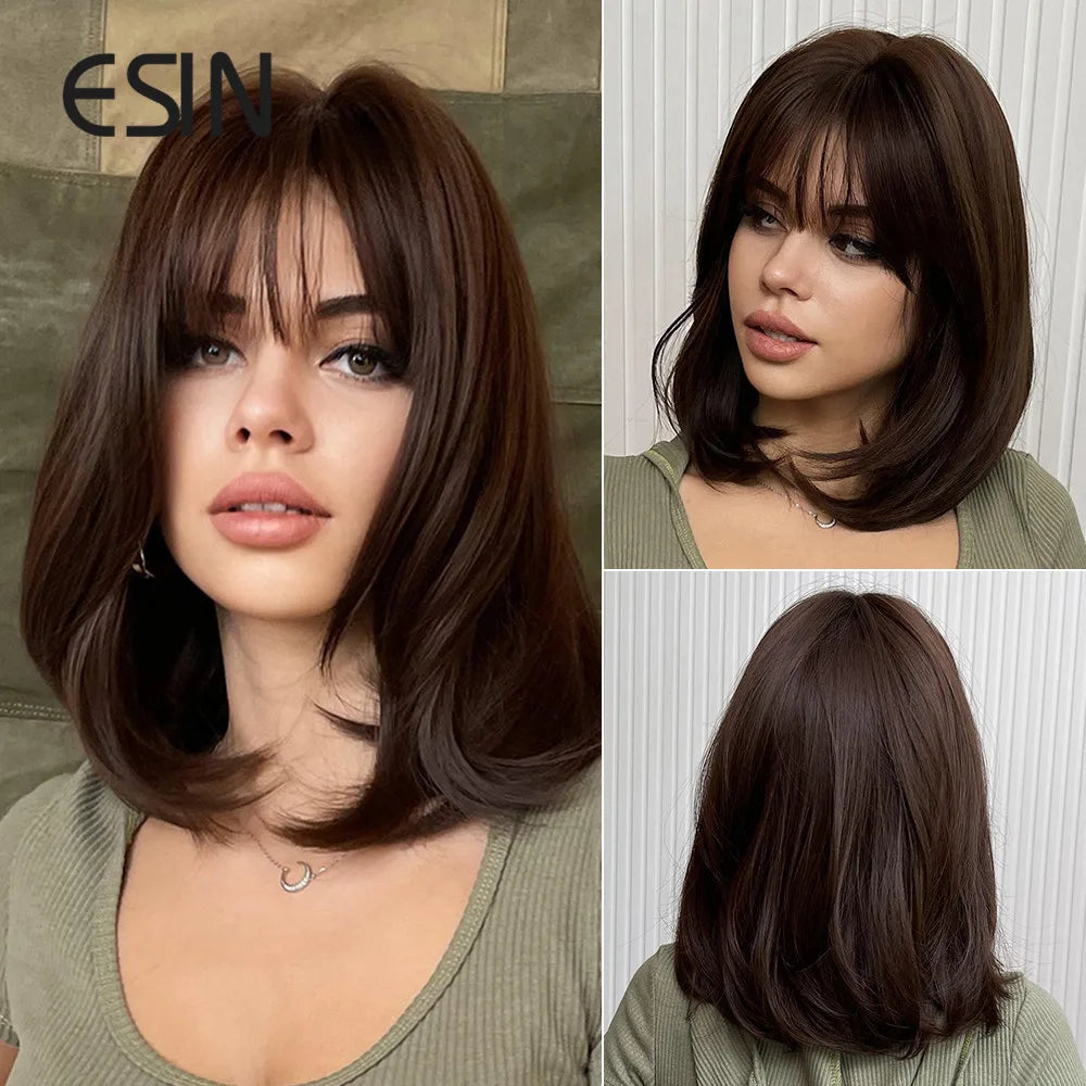 ESIN Synthetic Dark Brown Wig for Women - Long Wavy Wig with Bangs, Heat Resistant for Party & Daily Use