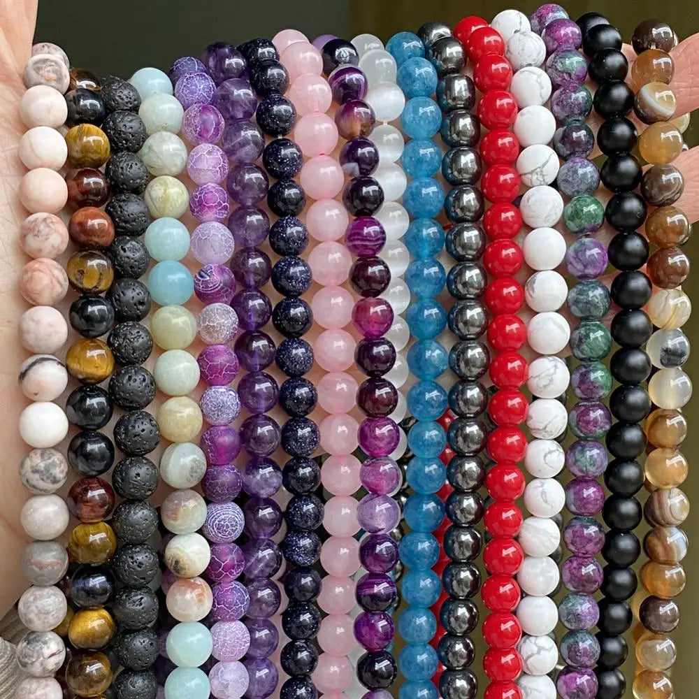 Natural Round Mixed Gemstone Beads — Tiger Eye, Amazonite, Lava, Turquoise, Agate, Jasper & Garnet Spacer Beads for DIY Bracelet