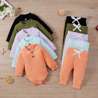Unisex Baby 2-Piece Outfit Set - Long-Sleeve Ribbed or Plaid Bodysuit with Elastic Pants for Spring & Autumn