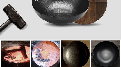 Konco 32cm Pure Cast Iron Wok – Non-Coated Chinese Wok Pan for Gas & Induction Cookers