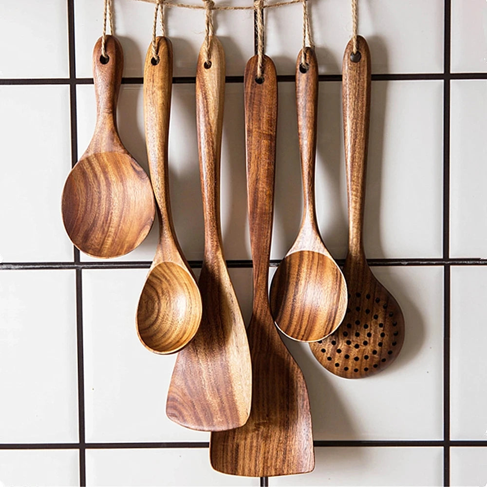 1-9pcs Teak Wood Tableware Set – Natural Wooden Cooking Spoons, Colander Spoon & Soup Skimmer Kitchen Tool Kit