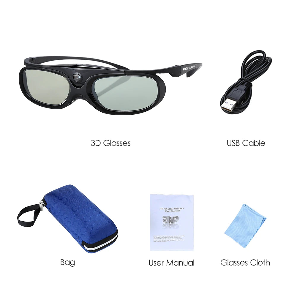 2PCS BOBLOV Active Shutter 3D Glasses – DLP-Link USB Blue, Compatible with BenQ W1070, W700, Dell Projectors