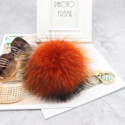 Luxury 15cm Fluffy Real Raccoon Fur Pom Pom Keychain – High-Quality Metal Ring Pendant for Women