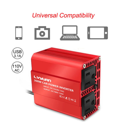300W Car Power Inverter - DC 12V to AC 110V/220V Dual USB Adapter Converter with Modified Sine Wave, EU & US Sockets