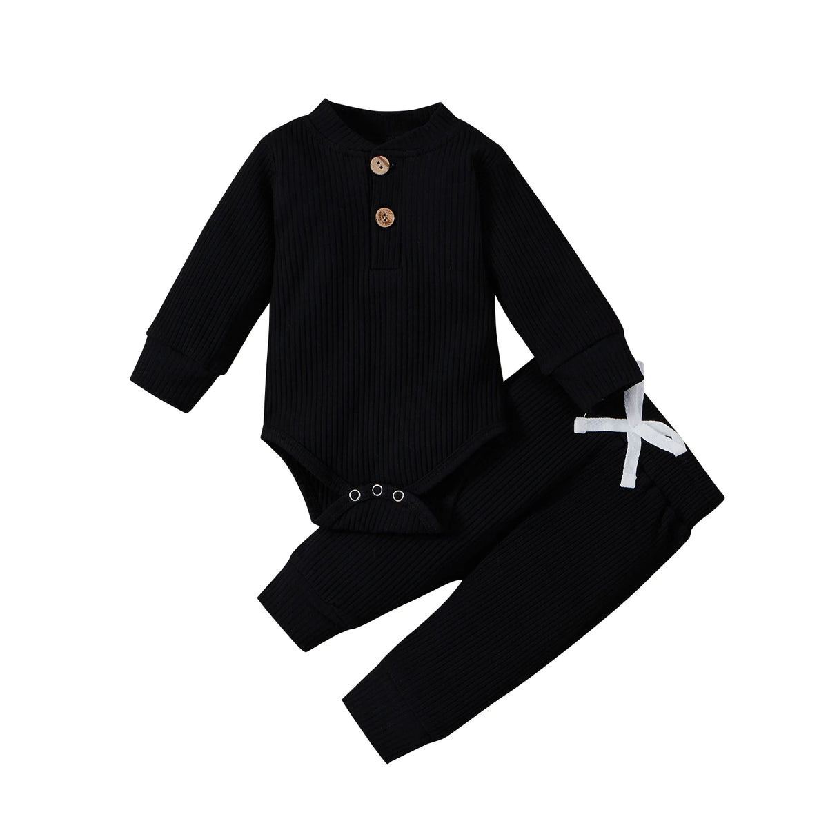 Unisex Baby 2-Piece Outfit Set - Long-Sleeve Ribbed or Plaid Bodysuit with Elastic Pants for Spring & Autumn