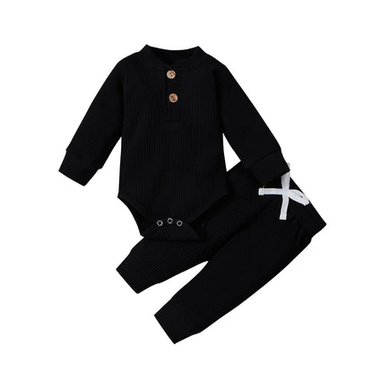 Unisex Baby 2-Piece Outfit Set - Long-Sleeve Ribbed or Plaid Bodysuit with Elastic Pants for Spring & Autumn