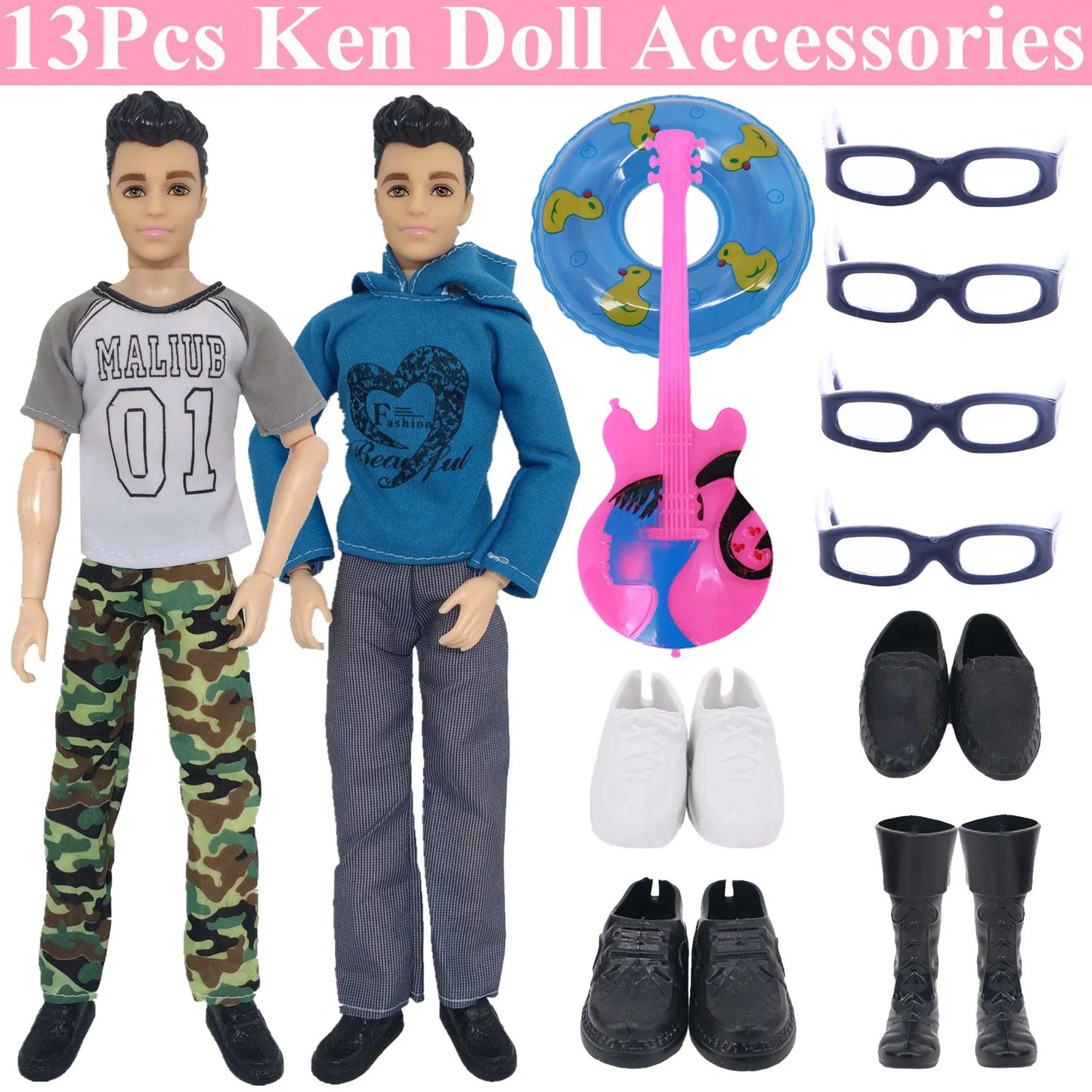 30-Piece Ken Doll Accessories Set — Clothes, Glasses, Shoes, Hangers, Guitar, Skateboard & Headsets for Barbie Dolls, DIY Toy for Girls