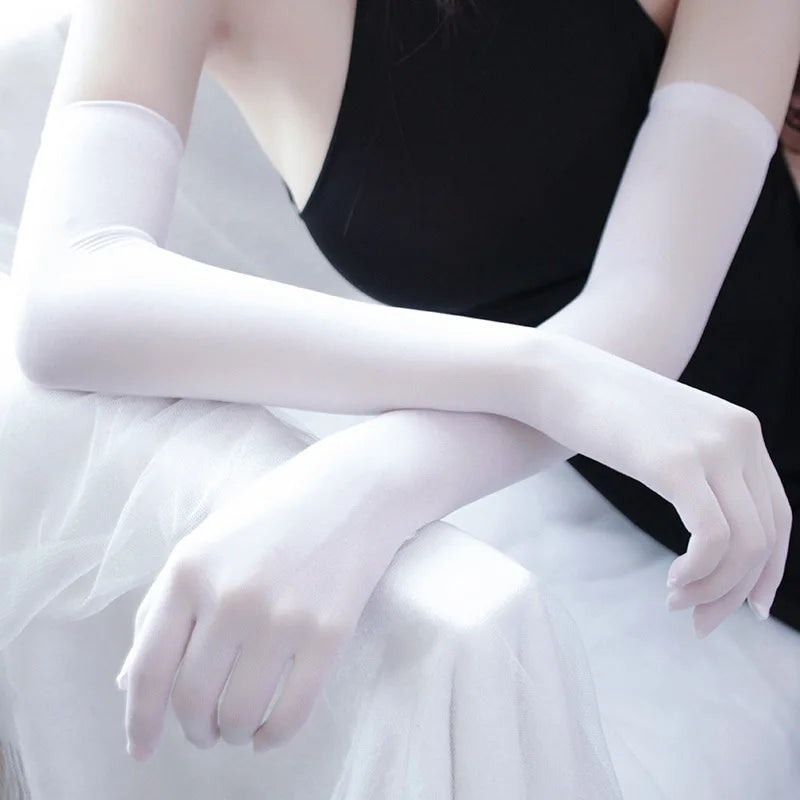 Sexy Lace Sheer Long Gloves – Hollow Breathable Transparent Seamless High Elasticity Stocking Gloves for Women & Men (White/Black)
